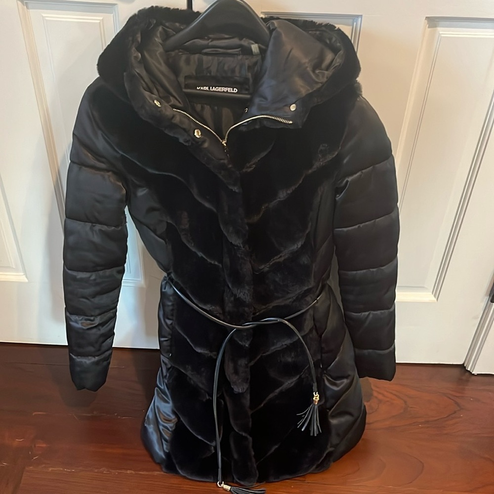 Karl Lagerfeld Shiny Black Mixed Media Coat